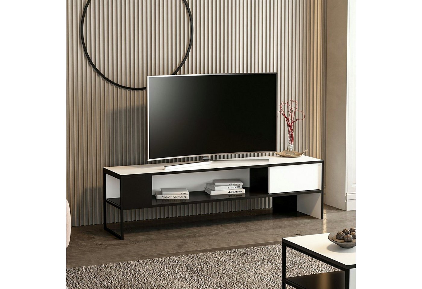 en.casa TV-Schrank »Faaborg« TV Board, 42x150x35cm, Lowboard, Weiß/Schwarz, Stauraum von en.casa