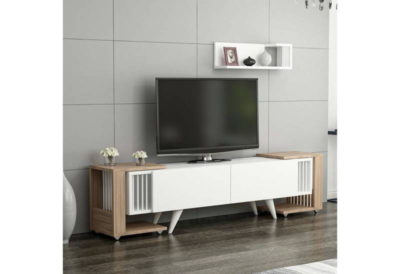 en.casa TV-Schrank Glostrup TV Board 41 x 150 x 32 cm mit 2 Beistelltischen Weiß / Eiche von en.casa