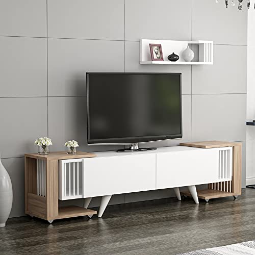 [en.casa] TV Schrank Glostrup TV Lowboard mit Wandregal TV Board Set mit 2 Beistelltischen Fernsehtisch mit Stauraum Wohnzimmer Eiche-Optik Weiß von [en.casa]