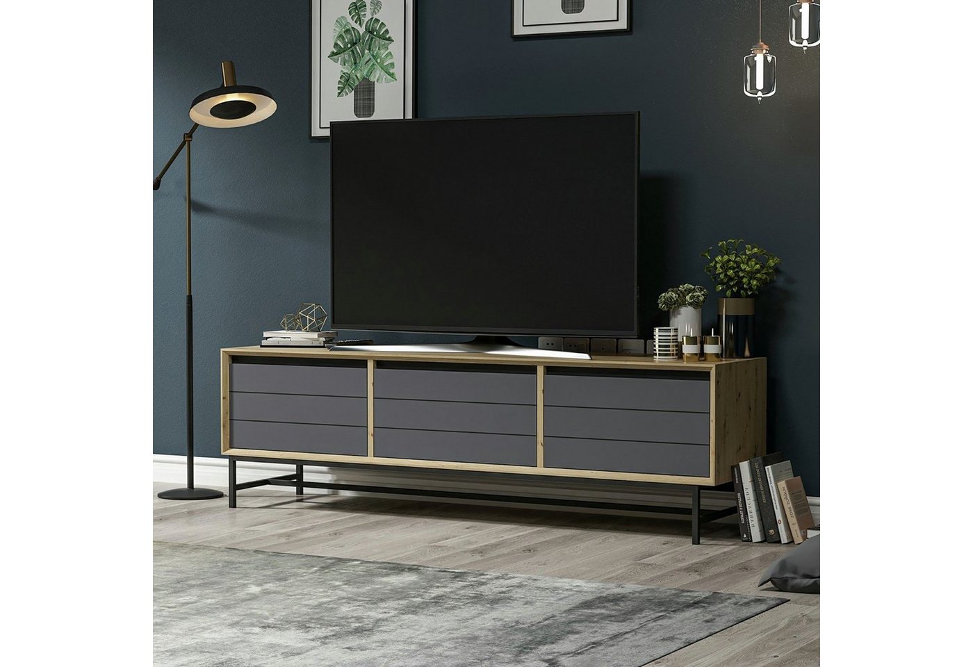 en.casa TV-Schrank Gørlev TV Board 45 x 150 x 35 cm mit 3 Schranktüren Eiche/Anthrazit von en.casa