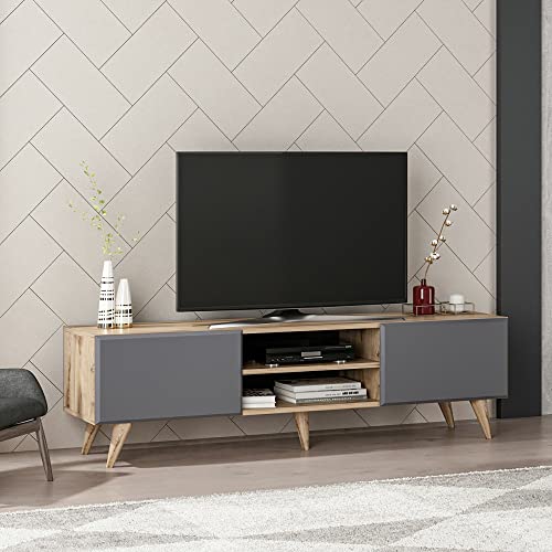 [en.casa] TV Schrank Grindsted Lowboard mit 2 Fächern Fernsehtisch mit Stauraum Wohnzimmer Eiche-Optik Anthrazit TV Board von [en.casa]