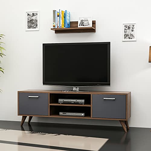 [en.casa] TV Schrank Haderslev Lowboard mit Wandregal TV Board Fernsehtisch mit Stauraum Wohnzimmer Walnuss-Optik Anthrazit von [en.casa]