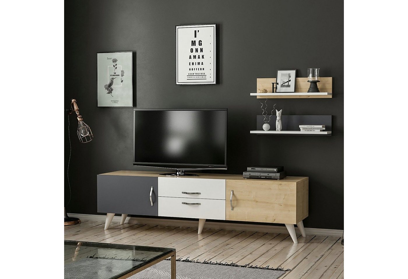 en.casa TV-Schrank Hadsten TV Board 45 x 160 x 31 cm mit 2 Wandregalen Mehrfarbig von en.casa