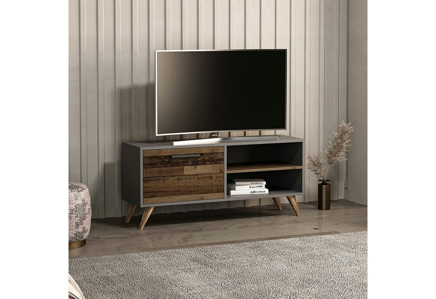 en.casa TV-Schrank Helle TV Bank 50 x 120 x 35cm zwei Ablagen Altholz / Anthrazit von en.casa