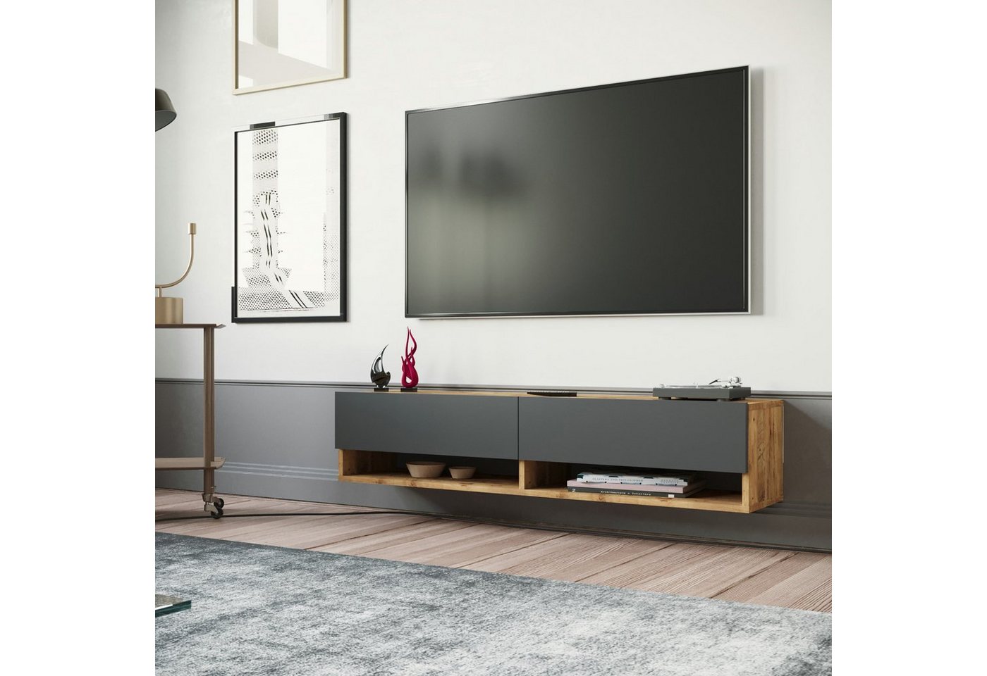 en.casa TV-Schrank »Laitila« TV Hängeboard 180x31,5x29,5cm Eiche rustikal/Anthrazit von en.casa