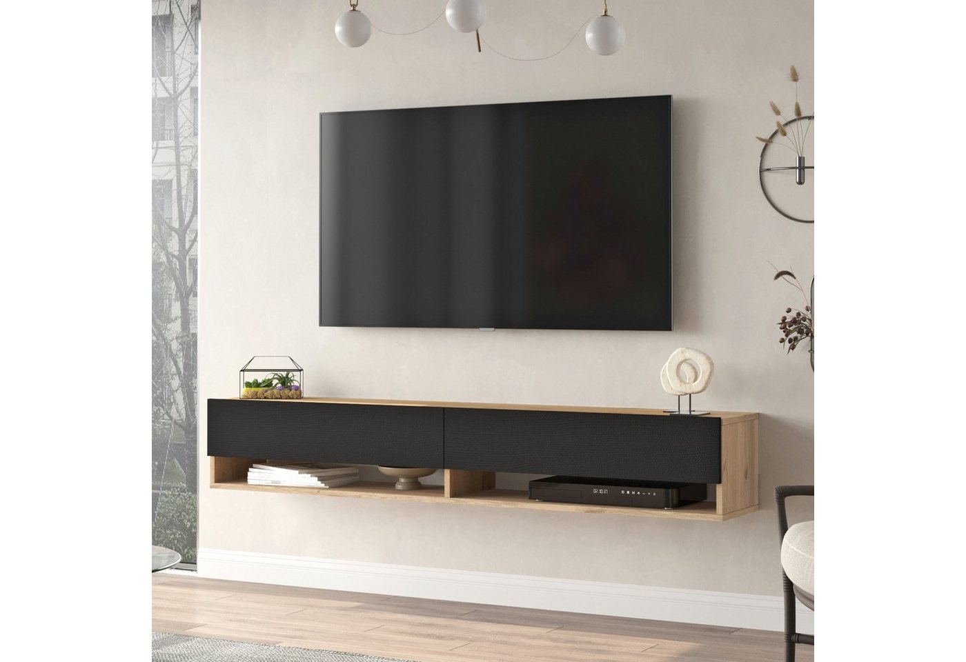 en.casa TV-Schrank »Laitila« TV Hängeboard 180x31,5x29,5cm Eiche/Schwarz von en.casa