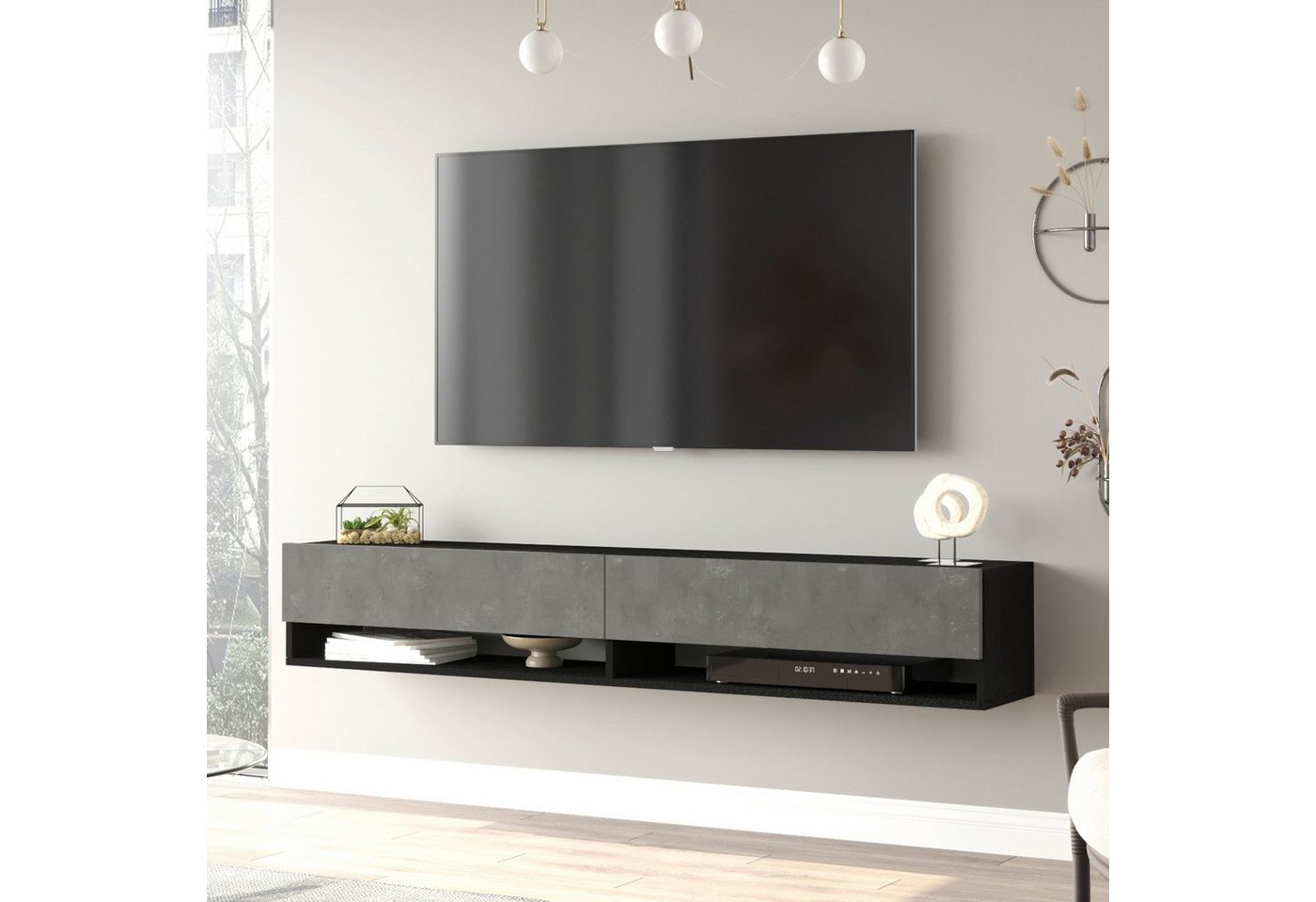 en.casa TV-Schrank »Laitila« TV Hängeboard 180x31,5x29,5cm Schwarz/Betonoptik von en.casa