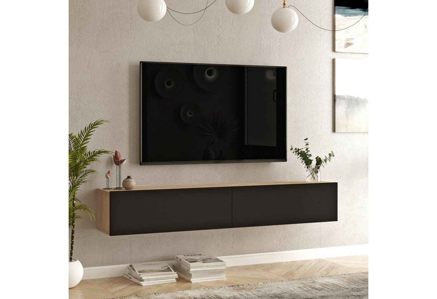 en.casa TV-Schrank »Lapinlahti« 180x31,5x29,5cm Eichenoptik/Schwarz von en.casa