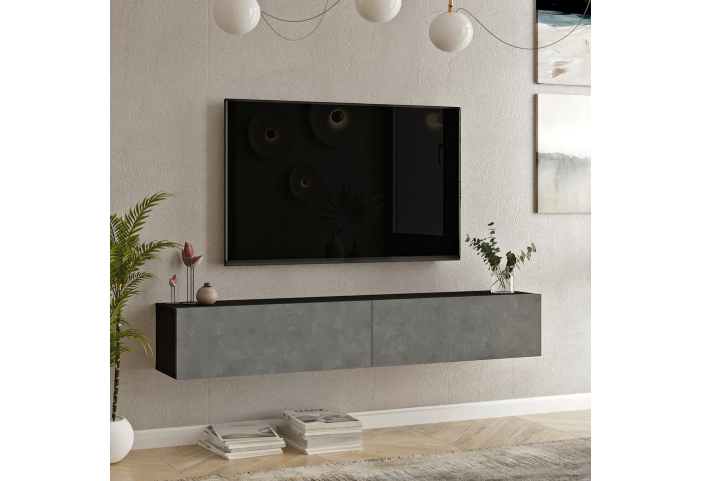 en.casa TV-Schrank »Lapinlahti« 180x31,5x29,5cm Schwarz/Betonoptik von en.casa