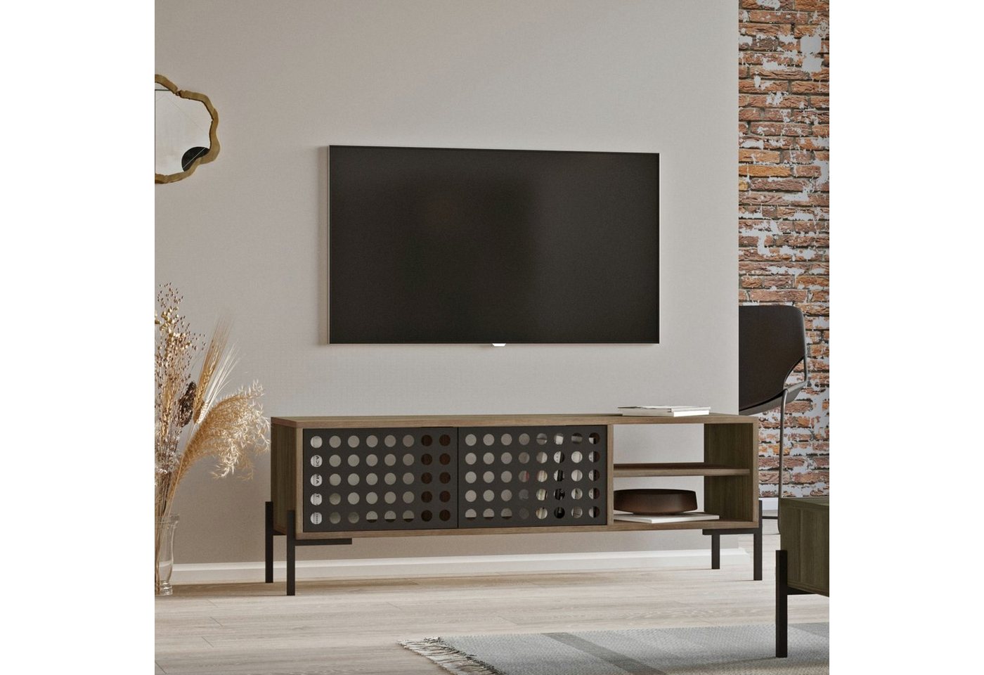 en.casa TV-Schrank »Lemi« TV Board 49x144x40cm 2 Türen Eiche-Optik Grau/Anthrazit von en.casa