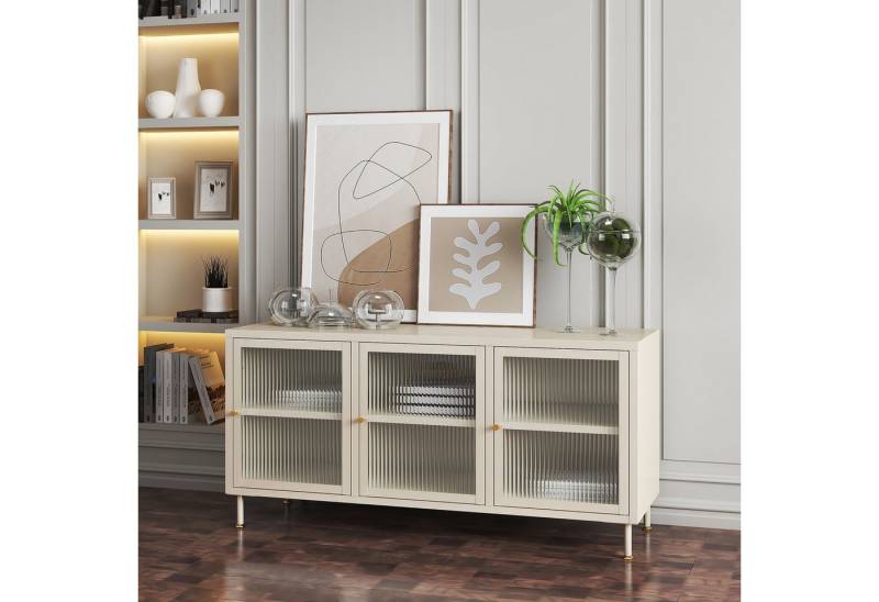 en.casa TV-Schrank »Lindau« mit 3 Glastüren Stahl 120 x 40 x 59 cm Cremeweiß von en.casa