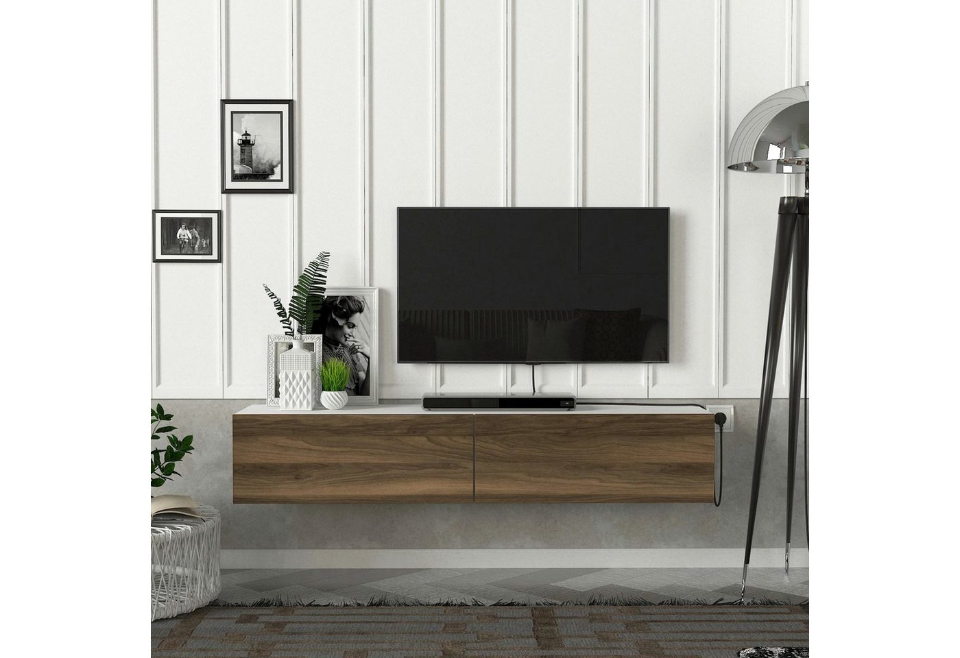 en.casa TV-Schrank »Toivakka« Fernsehschrank 135x31x25cm Weiß/Walnuss-Optik von en.casa