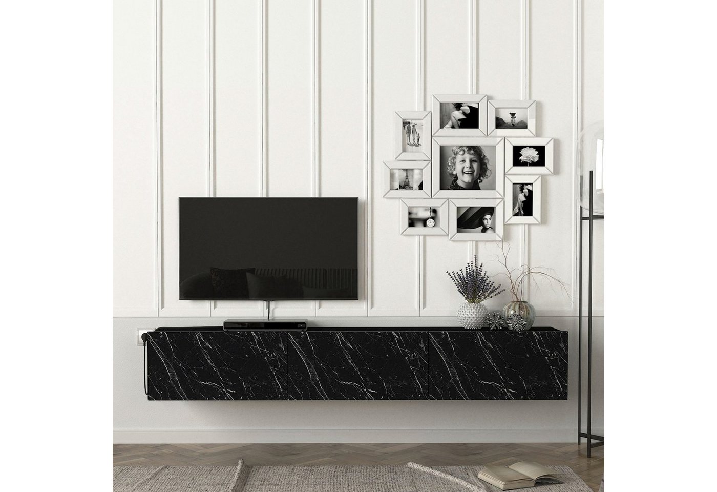 en.casa TV-Schrank »Vihti« Fernsehschrank 180x31x29,5cm Marmoroptik schwarz von en.casa