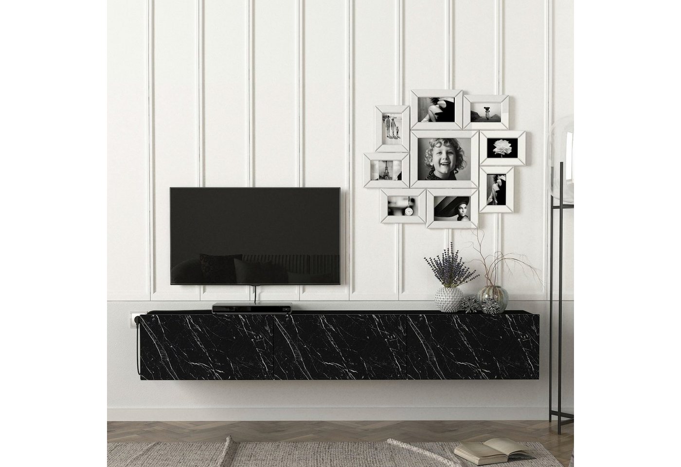 en.casa TV-Schrank »Vihti« Fernsehschrank 180x31x29,5cm Marmoroptik schwarz, 5cm Marmoroptik schwarz von en.casa