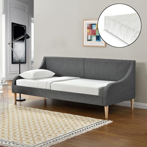 [en.casa] Tagesbett mit Matratze 90 x 200 cm Schlafsofa Bett Bettgestell Bettsofa Kojenbett Textil Dunkelgrau von [en.casa]