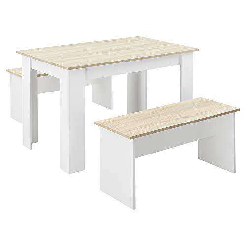 [en.casa] Tisch- und Bank Set 3 teilig Essgruppe für 4 Tisch 110 x 70 cm mit 2 Bänken Tischgruppe Sitzgruppe Weiß/Eiche von [en.casa]