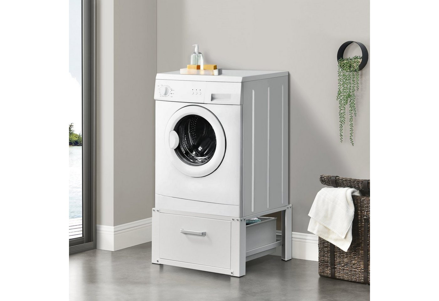 en.casa Unterschrank »Comfortixx« Waschmaschinen-Sockel mit Schublade Stahl Max. 150 kg von en.casa