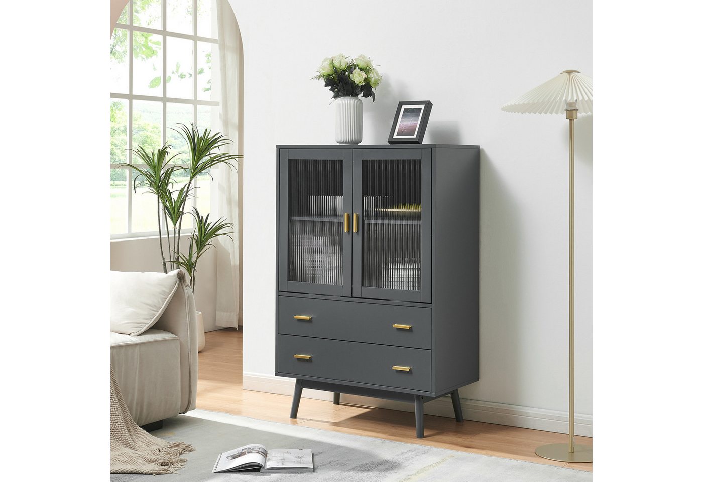 en.casa Vitrine »Susa« mit 2 Türen und 2 Schubladen 120 x 80 x 40 cm Grau von en.casa