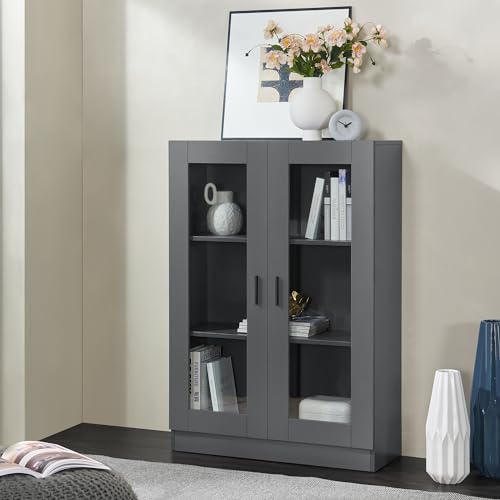 [en.casa] Vitrinenschrank Sorø Bücherregal mit 2 Glastüren und 3 Ablagen Hochschrank aus Spanplatte Schrank für Wohn- und Esszimmer Büro 80x31x115cm Dunkelgrau von [en.casa]