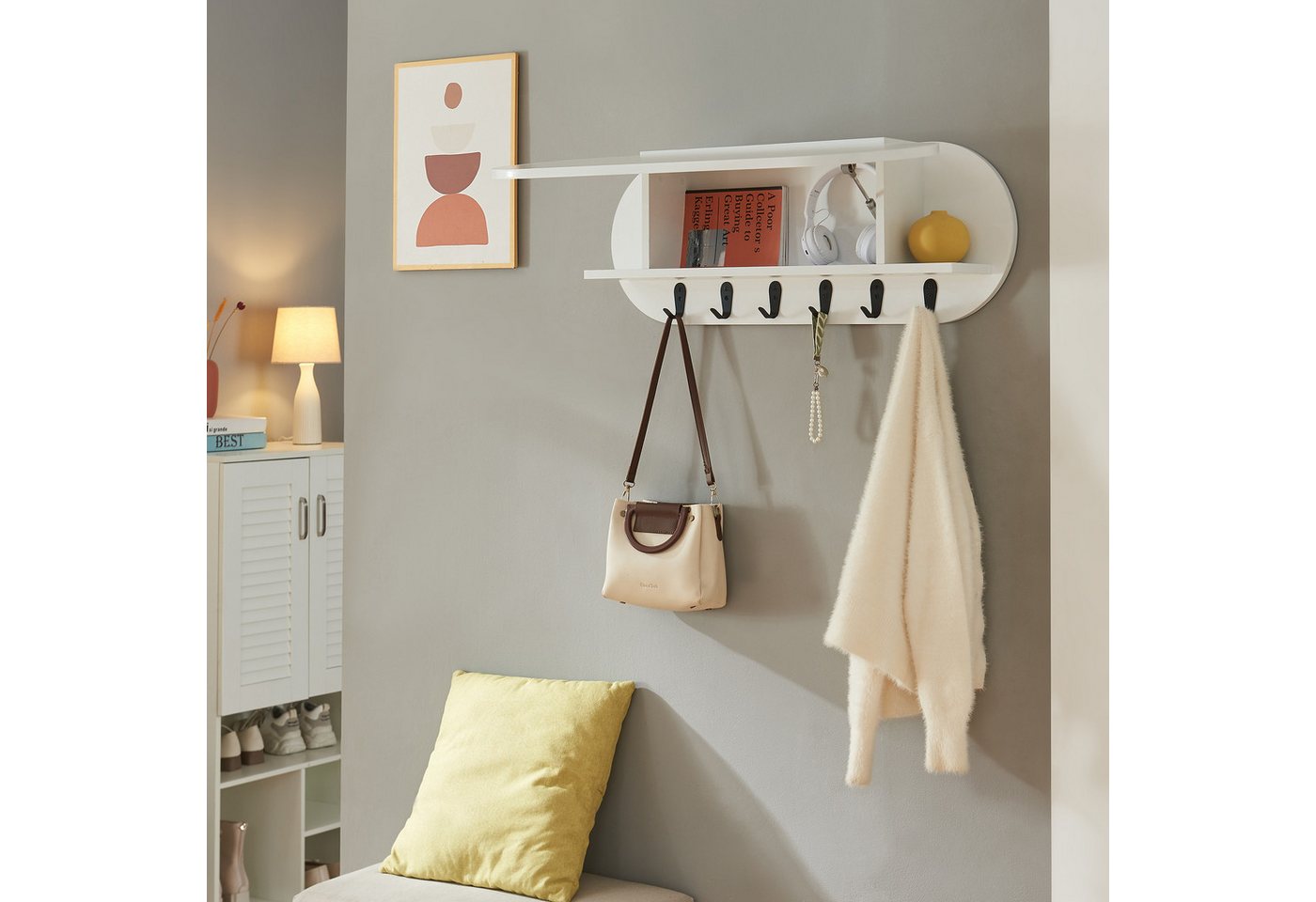 en.casa Wandgarderobe, »Vilkön« mit Ablagefach 6 Haken 80x16x30 cm Weiß von en.casa