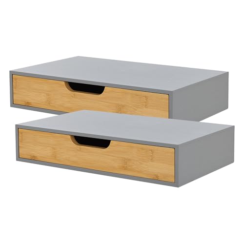 [en.casa] Wandregal 2er Set Bokn mit Schublade Bambus Schweberegal Hängeregal Wandablage Wandboard Nachttisch-Ablage Grau 40 x 24 x 8 cm Wandschublade von [en.casa]