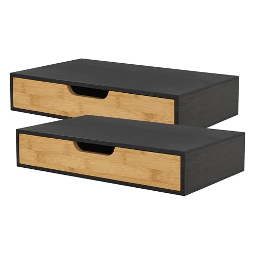 [en.casa] Wandregal 2er Set Bokn mit Schublade Bambus Schweberegal Hängeregal Wandablage Wandboard Nachttisch-Ablage Schwarz 40 x 24 x 8 cm Wandschublade von [en.casa]