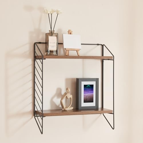 [en.casa] Wandregal Bømlo Wohnzimmerregal mit 2 Ablagen Schweberegal Metallrahmen Hängeregal Wandablage 47,5 x 42 x 14 cm Schwarz Walnuss-Optik von [en.casa]