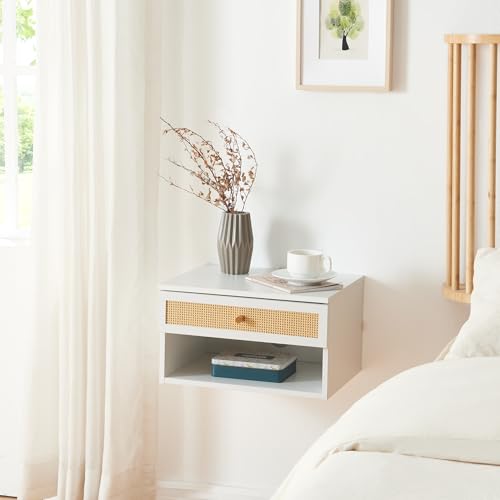 [en.casa] Wandregal Eiker Schweberegal Hängeregal mit Schublade Nachttisch hängend schwimmendes Regal Wandboard schwebende Nachtkommode Nachtschrank Nachtkonsole 40 x 32 x 23 cm Weiß/Rattanoptik von [en.casa]