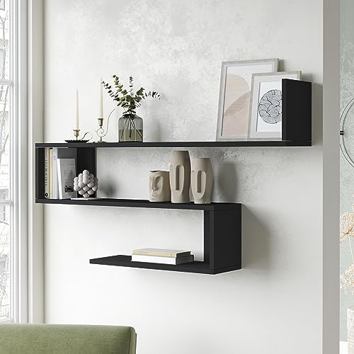 [en.casa] Wandregal Kitee mit 3 Regalböden Hängeregal 120 x 15 x 72 cm Bücherregal hängend Schweberegal Wohnzimmer Schwarz von [en.casa]