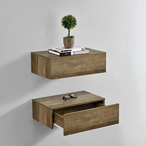 [en.casa] Wandregal Oslo mit Schublade 2er Set Nachttisch schwebende Nachtkommode Hängeregal Wandboard Nachtkonsole 46x30x15cm Holzfarben von [en.casa]