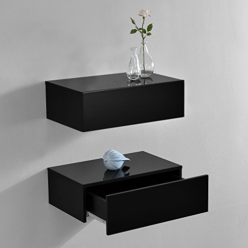 [en.casa] Wandregal Oslo mit Schublade 2er Set Nachttisch schwebende Nachtkommode Hängeregal Wandboard Nachtkonsole 46x30x15cm Schwarz Hochglanz von [en.casa]