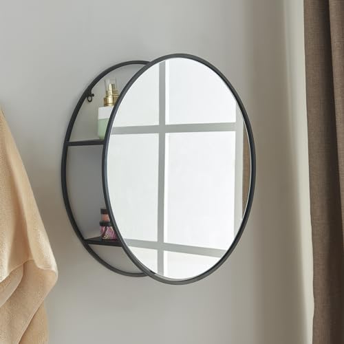 [en.casa] Wandspiegel Sunne Aufbewahrungsspiegel Spiegelschrank Badezimmerregal Runder Spiegel mit Ablage für Bad, Flur, Wohn- und Schlafzimmer 50x50x13cm Schwarz von [en.casa]