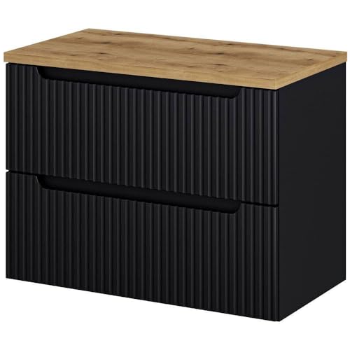 [en.casa] Waschtischunterschrank Skelbolu Waschbeckenunterschrank hängend 80 x 60 x 40 cm Badezimmerschrank mit Schubladen Badschrank mit Softclose-System gerillte Front Schwarz/Eiche von [en.casa]
