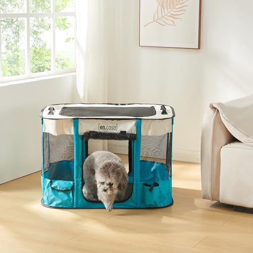 [en.casa] Welpenauslauf Mörbylånga Laufstall faltbar 90 x 70 x 60 cm für Hund Katze tragbarer Pop Up Haustierlaufstall Indoor Outdoor Blau/Beige von [en.casa]