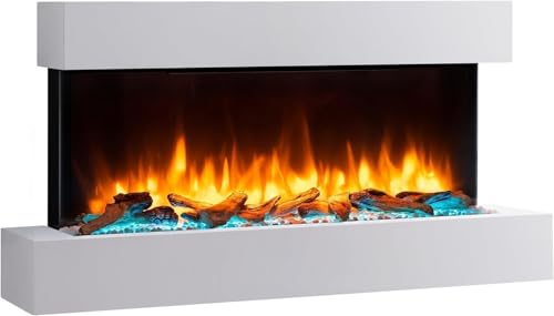 Endeavour, "Fires Runswick", an der Wand befestigtes elektrisches Feuer mit einem weißem MDF-Kamin und -Sockel, 220 / 240 Vac, 50 Hz, 1 und 2 kW, mit Multifunktionsfernbedienung von endeavour fires and fireplaces