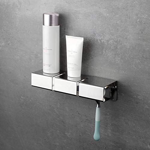 enjoy design Gap Duschablage ohne Bohren aus poliertem Edelstahl I stilvolle Duschablage made in Europe. Praktisches Duschregal mit Rasier- und Zahnbürstenhalter. I Duschregal ohne Bohren (Silber) von enjoy design