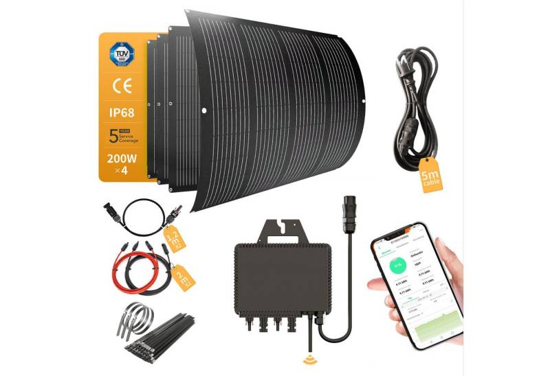 enjoy solar Balkonkraftwerk 800W RC® MI2S-800D + 200W*4 Flexible Solarmodul + 5m Kabel usw., Monokristalline Siliziumzelle, (Set), „Plug-and-Play“: RC800W Balkon-PV-Anlage mit kompletter Steckdose von enjoy solar