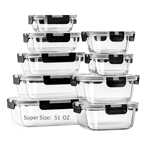 ennogyoson 18 Stück Glasbehälter Frischhaltedosen mit Deckel luftdicht Meal Prep Container für Mittagessen Glas Bento Boxen mit auslaufsicheren Verschlussdeckeln für Mikrowelle, Backofen, von ennogyoson