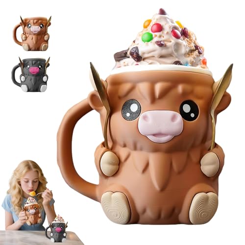 Ice Cream Pint Holder,3d Highland Cow Ice Cream Pint Holde,highland Cow Eiscreme-pint-halter,With Antifreeze Handle And Spoon,Leak Proof Beer Can Cup Home Decor For Freezer Soda-A von enseak