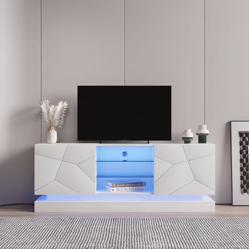 entapuk Weißer Hochglanz-TV-Schrank - 1,6 Meter Länge Fernsehtisch Fernsehschrank, mit 2 Türen, Verstellbare Glasablage, TV Tisch Für Fernseher bis zu 70 Zoll geeignet von entapuk