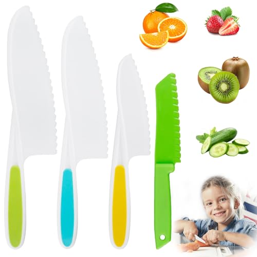 4-teiliges Kinder-Küchenmesser,Sicherheits Kunststoff Messer mit gezackten Kanten,Kochwerkzeug zum Schneiden und Kochen für Gemüse,Obst,Salat,Kuchen,Brot,Gemüse von enxingo