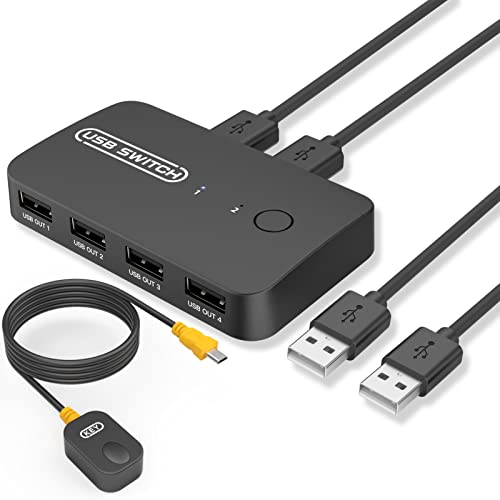 KVM Switch, eppfun 4 Ports USB Teilen USB Switch für 2 PCs, 2-In 4-Out Umschalter mit 2 USB Kabel und Fernbedienung, für Drucker, Scanner, Tastatur, Maus, Unterstützt USB Audio Sender von eppfun