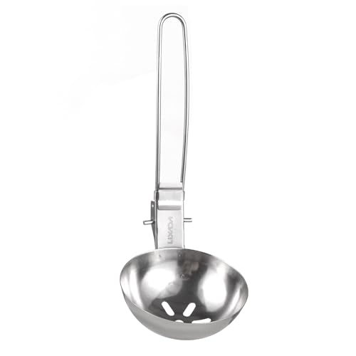 Edelstahl -Skimmerlöffel, grobes Mesh -Lebensmittelsieb schwimmende Fettseparation Multifunktionaler Schaufel mit langem zusammenklappbarem Griff zum Camping -Picknick -Wandern (Slotted Spoon) von equlup