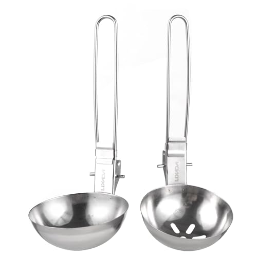 Edelstahl -Skimmerlöffel, grobes Mesh -Lebensmittelsieb schwimmende Fettseparation Multifunktionaler Schaufel mit langem zusammenklappbarem Griff zum Camping -Picknick -Wandern (Slotted Spoon and von equlup