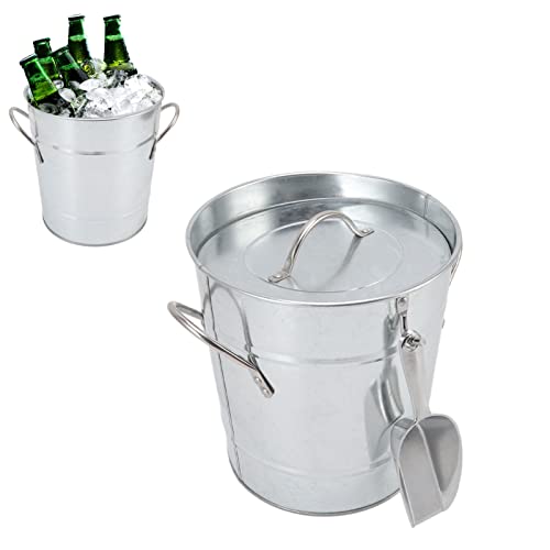 Ice Bucket with Lid, Round Galvanized Sheet Plastic Beer Chiller Bin Beverage Tub with Ice Shovel and Carry Handles for Bar Home (Silver) von equlup