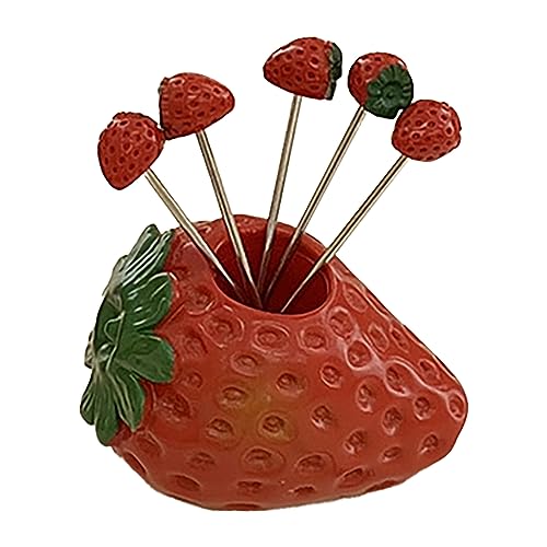 Obstgabel -Set, 5pcs niedliche Form Mehrzweck Edelstahl Erdbeergabeln Lebensmittel Pickgabeln mit Halterglas für Obstdessert -Salat -Snack (Erdbeere) von equlup