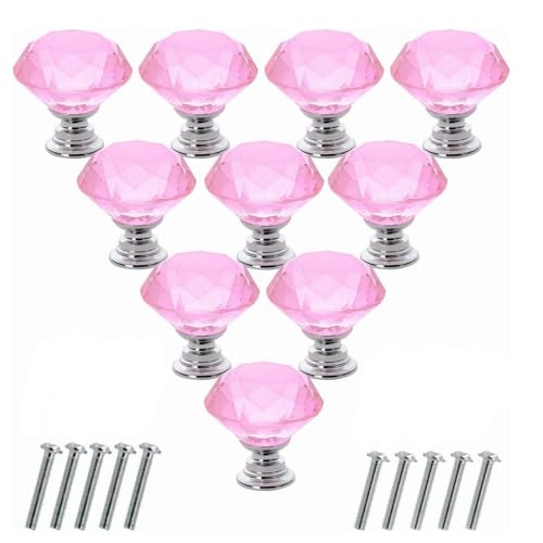 equlup 10 -pcs -Kristallschrankknöpfe mit Schrauben 30 mm diamantförmige Glasknöpfe ziehen für Küche, Schublade, Kommode, Tür, Schrank, Rosa von equlup