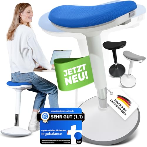 ergobalance Sitzhocker mit Innovativer Sitzfläche | Ergonomischer Hocker [3 in 1] Bürohocker Sattelhocker Stehhocker | Höhenverstellbar rutschfest | Jetzt Farbe wählen (blau) von ergobalance