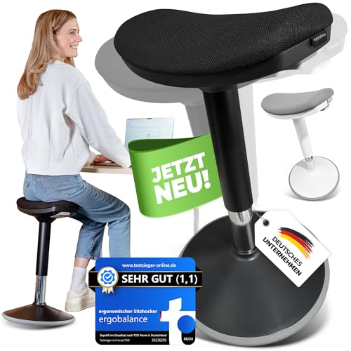 ergobalance Sitzhocker mit Innovativer Sitzfläche | Ergonomischer Hocker [3 in 1] Bürohocker Sattelhocker Stehhocker | Höhenverstellbar rutschfest | Jetzt Farbe wählen (schwarz) von ergobalance