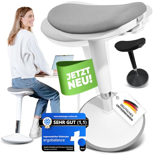ergobalance Sitzhocker mit Innovativer Sitzfläche | Ergonomischer Hocker [3 in 1] Bürohocker Sattelhocker Stehhocker | Höhenverstellbar rutschfest | Jetzt Farbe wählen (weiß) von ergobalance